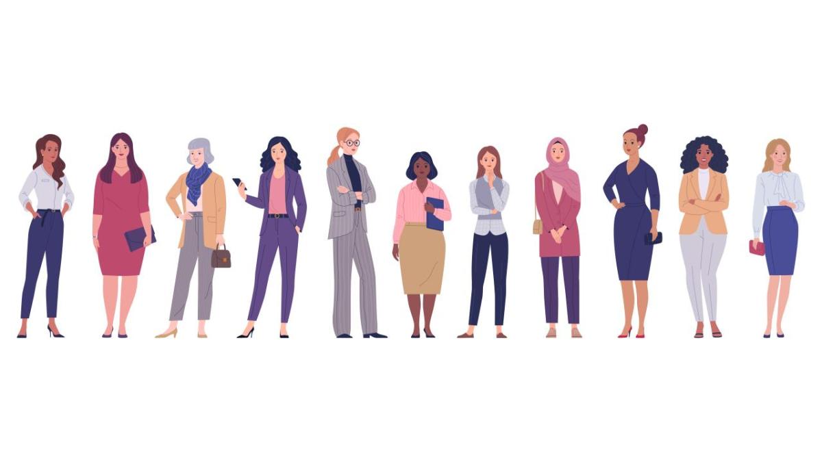 An illustration of diverse multinational cartoon women standing side by side in business outfits.