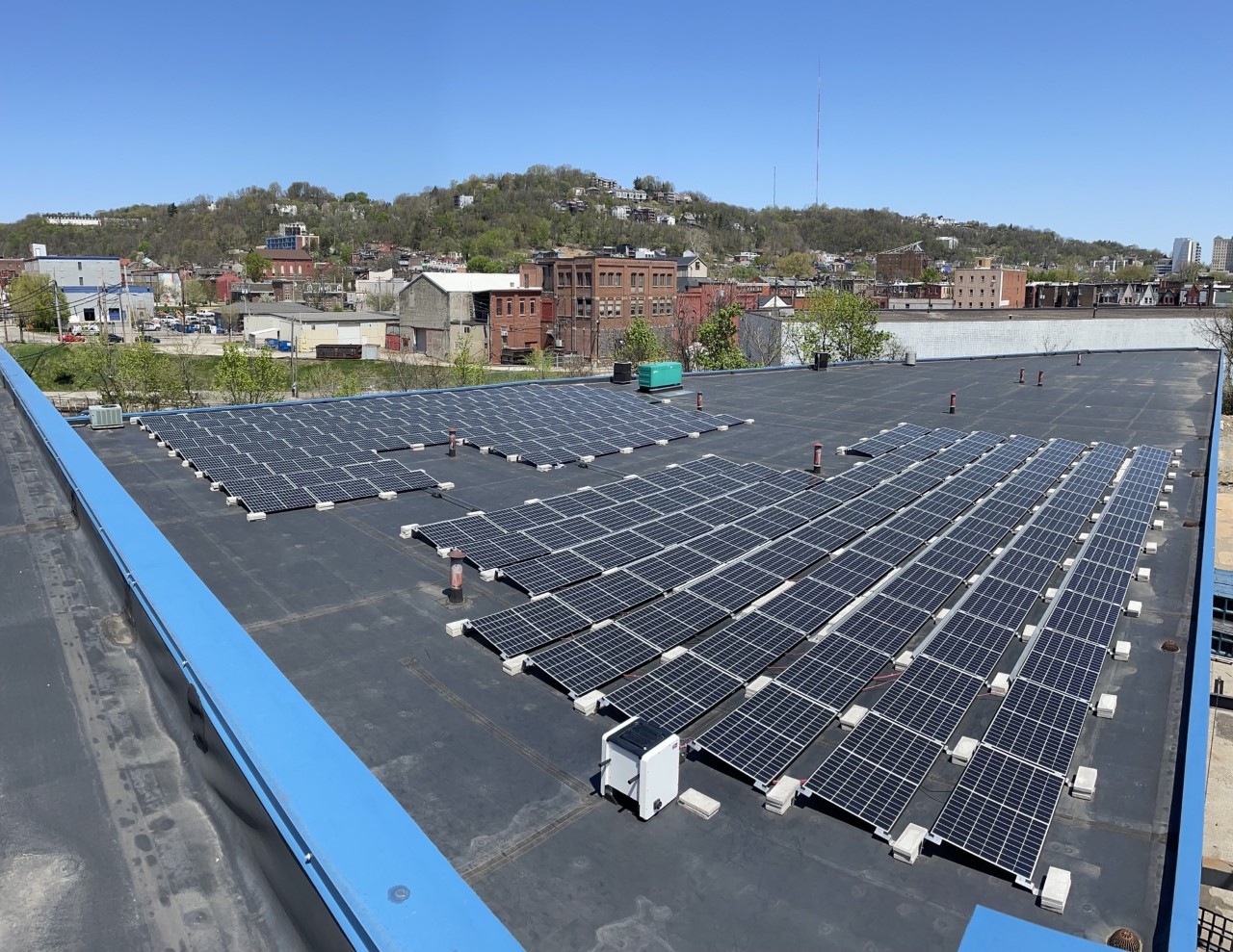 Rooftop solar array on Brother's Brother Foundation warehouse building