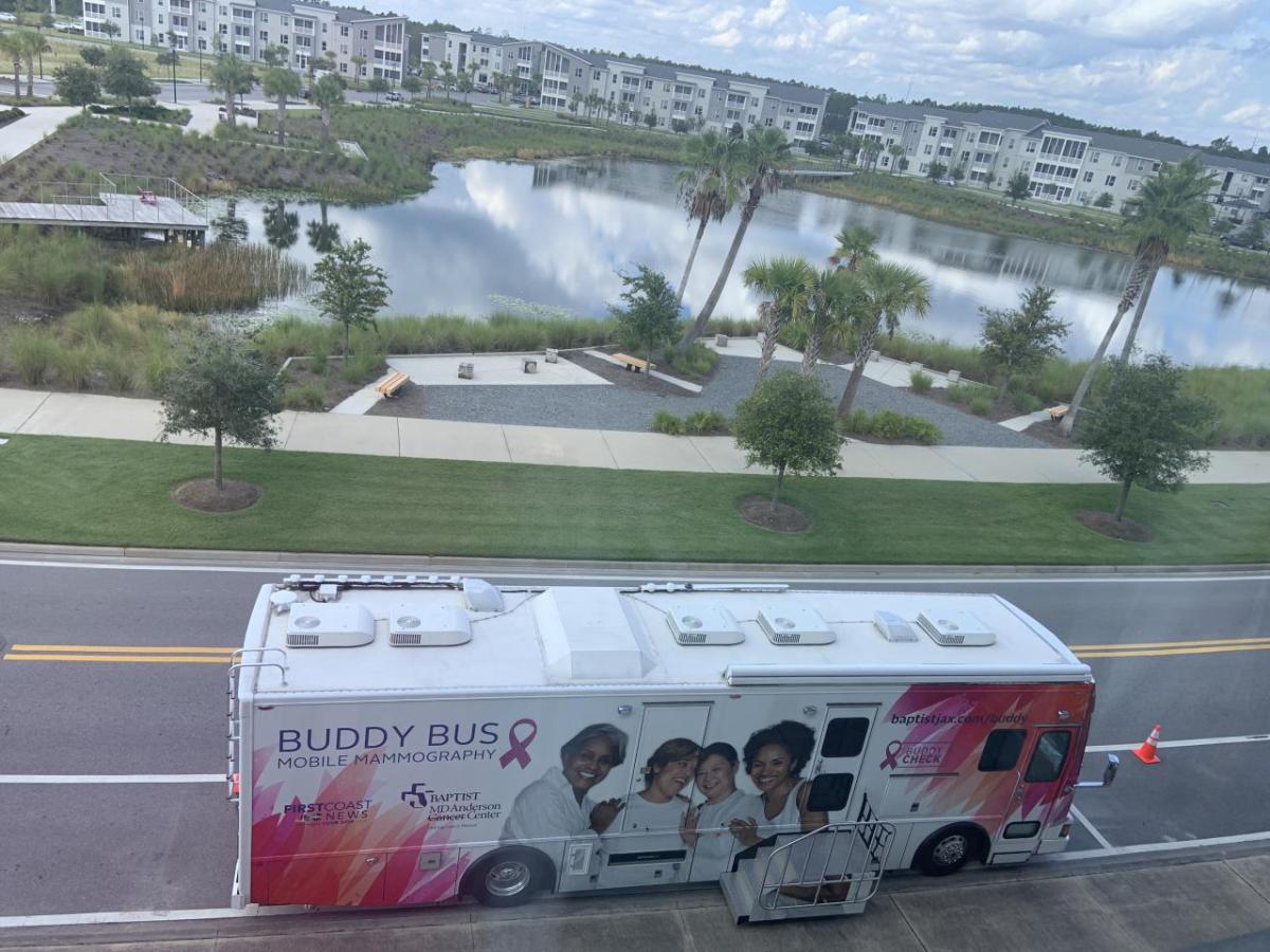 Buddy Bus parked outside Rayonier’s headquarters