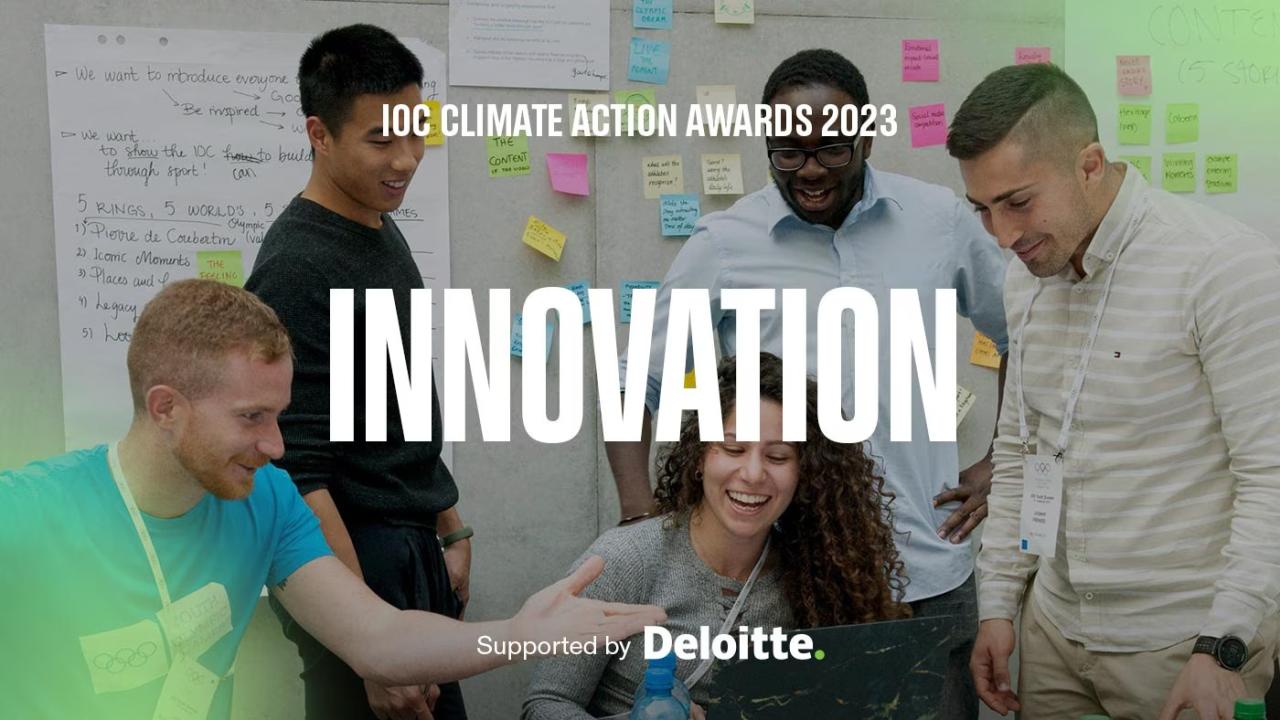 "Innovation" and Deloitte logo. People smiling, looking at the same object.