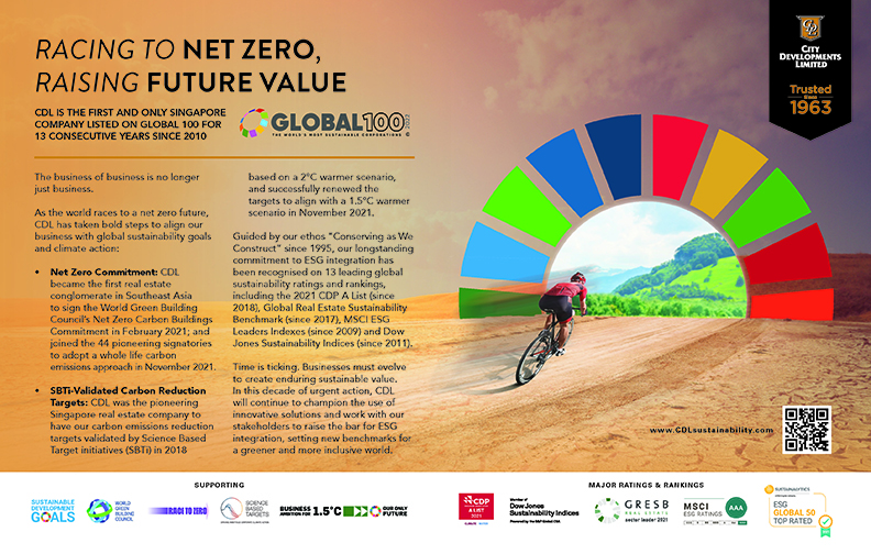 Cyclist rides through rainbow archway. Graphic Reads: Racing to Net Zero Raising Future Value