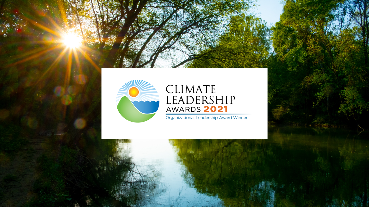 Image of sun on a lake reads : Climate leadership awards 2021