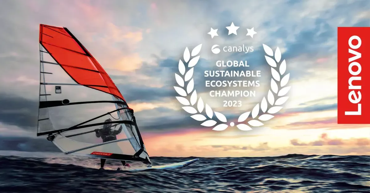 A windsurfer on a body of water. The seal for Canalys global sustainable ecosystems leadership and the Lenovo logo.