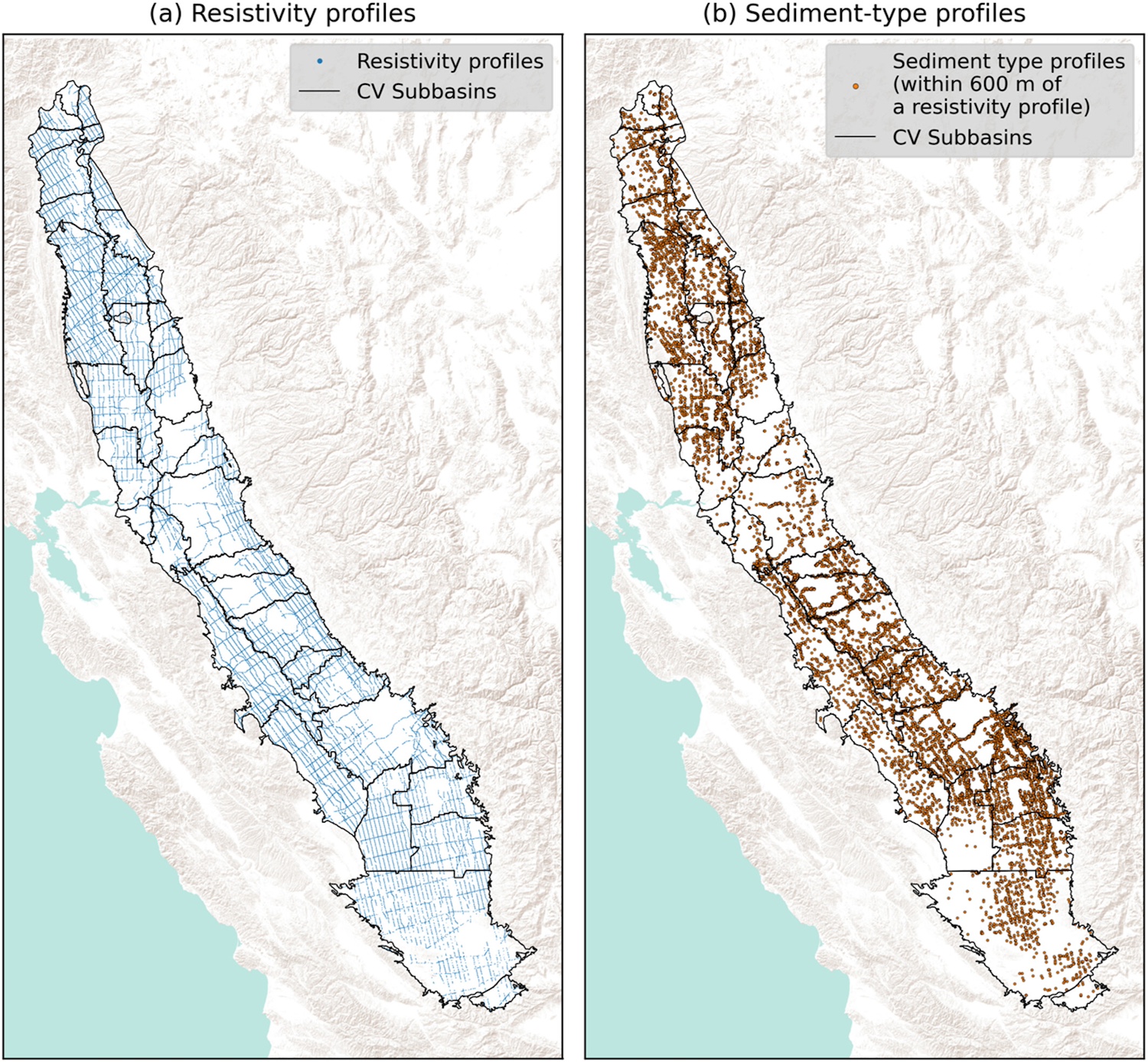 A map of data on the soil and sediment resistivity and type collected by the Stanford research team in California's Central Valley. 