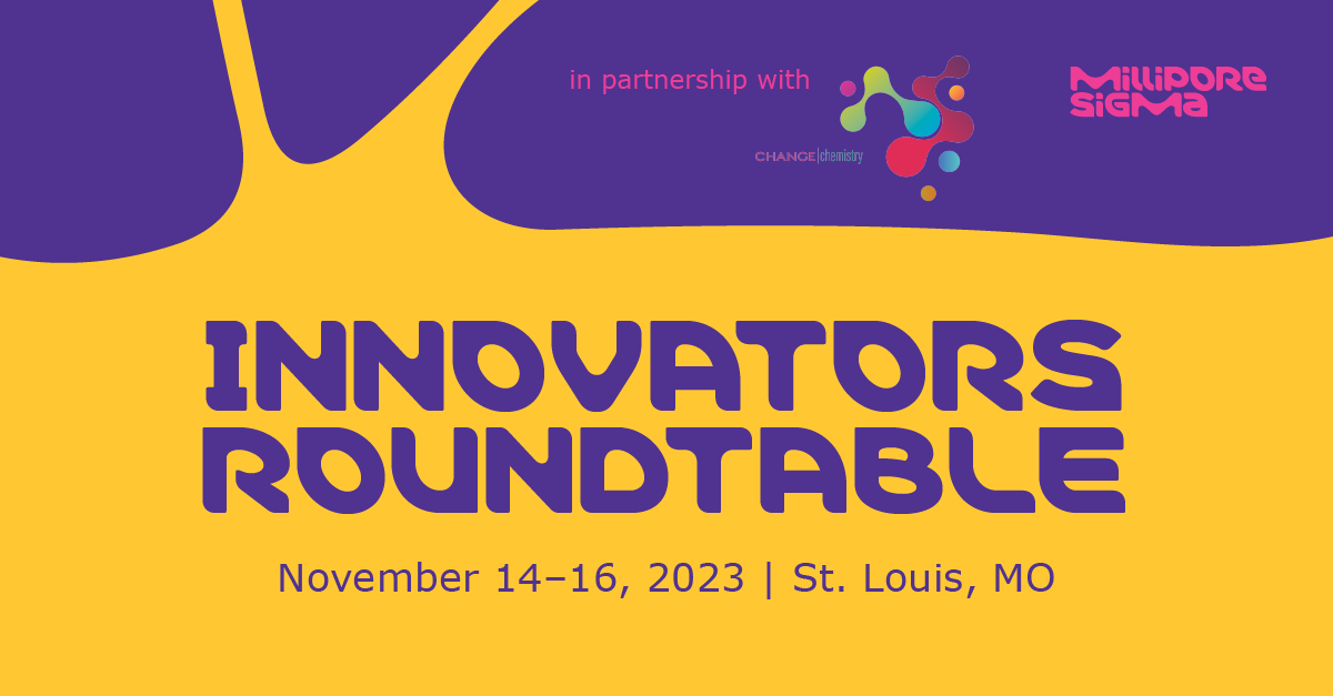 MilliporeSigma announces their collaboration with Change Chemistry for the Innovators Roundtable on a purple and yellow graphic.