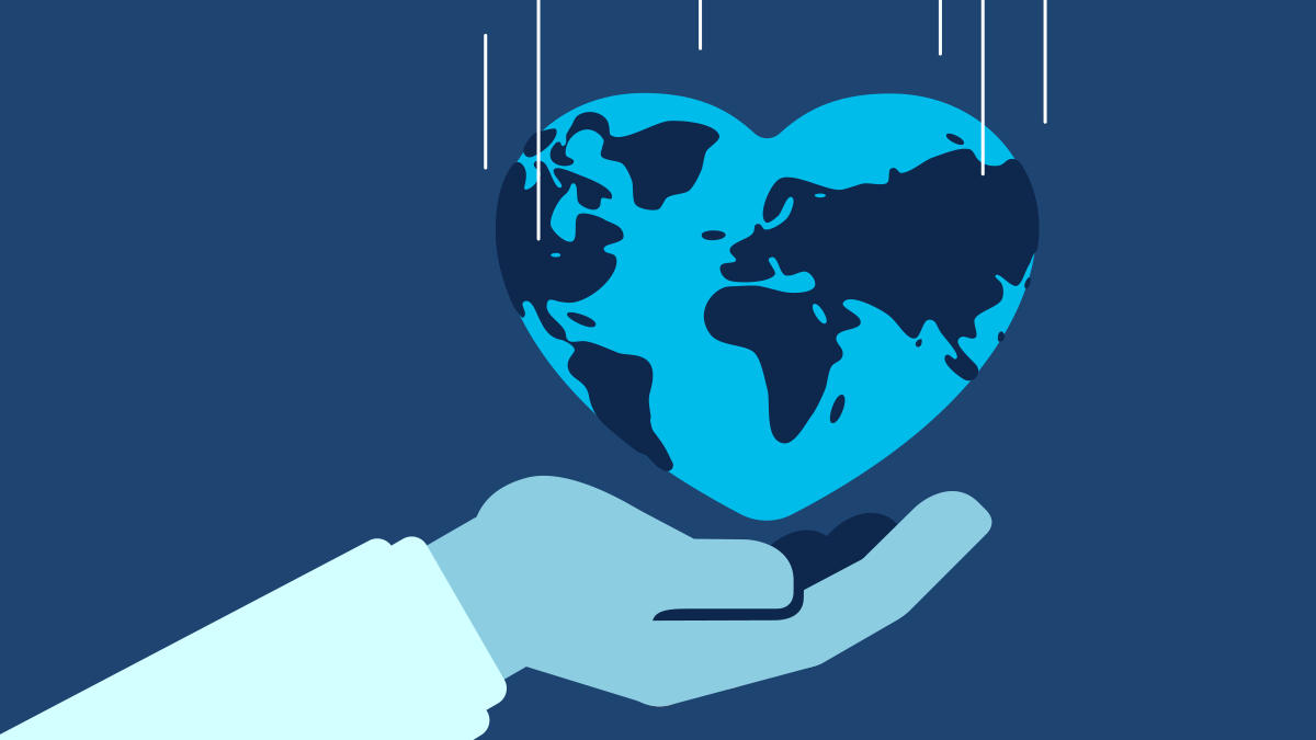 Illustration of hand streched out with Heart shaped Earth above it