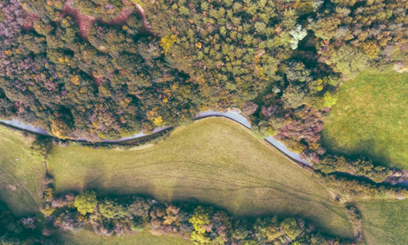 birds eye view of a river flowing through a field