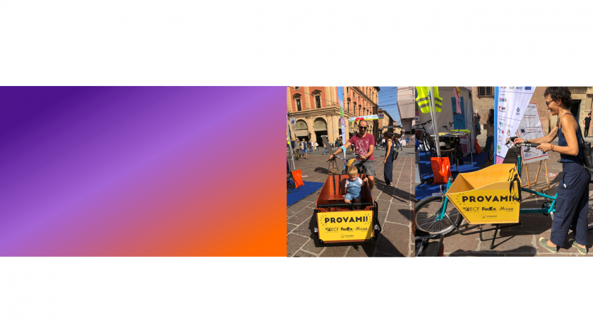 frame on the left is graduating colors from purple to orange. The right shows two people using "provimii" cargo bicycles