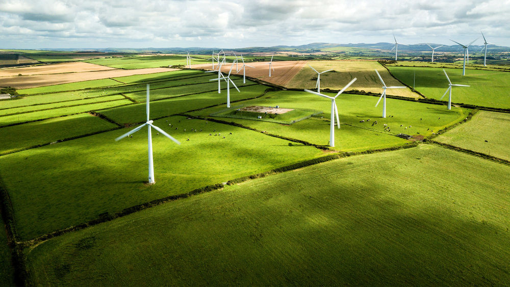 Wind turbines in fields