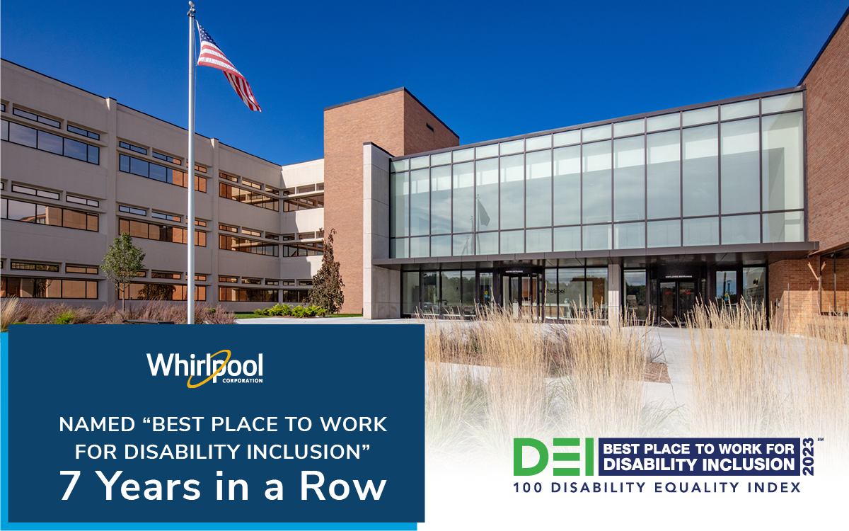 Photo of an office building with the text "Whirlpool named "best place to work for disability inclusion" 7 years in a row"