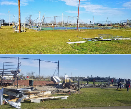 Tornado damage to Amory High School softball field.