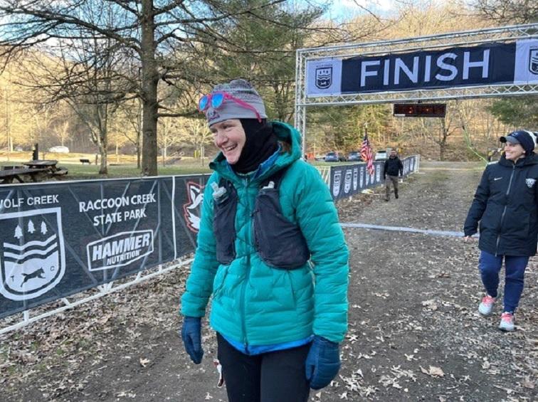 Laurie “Lulu” Searles after finishing the Rabid Raccoon 100.