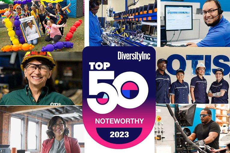 Collage of photos of employees working and celebrating. "Top 50 Noteworthy 2023" and DiversityInc logo central.