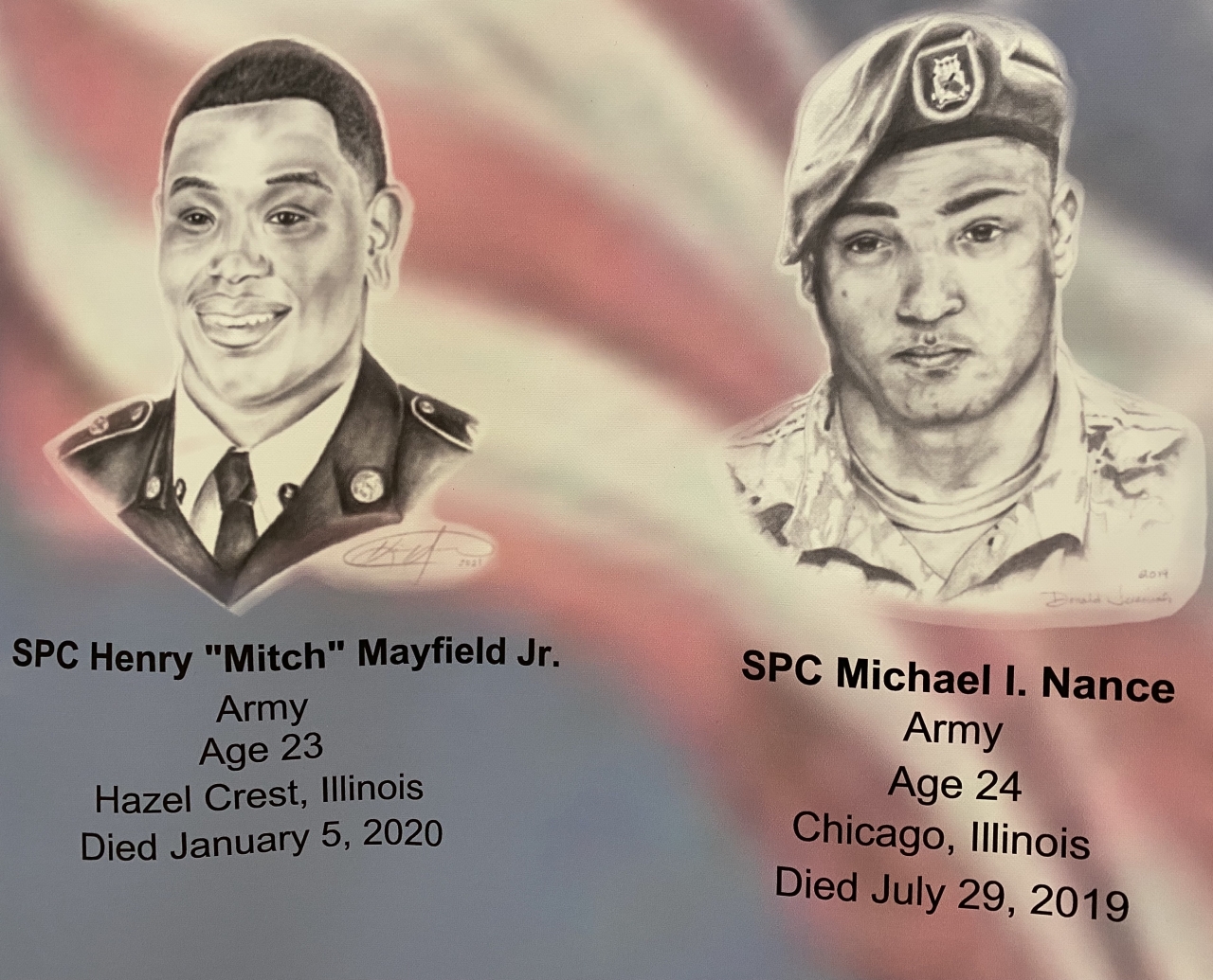 Image of SPC Henry "Mitch" Mayfield Jr., Army, Age 23, Hazel Crest, Illinois, Died January 5, 2020 and SPC Michael L. Nance, Army, Age 24, Chicago, Illinois, Died July 29, 2019