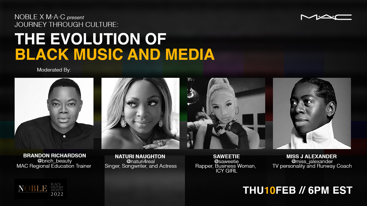 Infographic reads: The evolution of Black music and media. Featuring pictures of Brandon Richardson, Saweetie, Miss J Alexander and Naturi Naughton