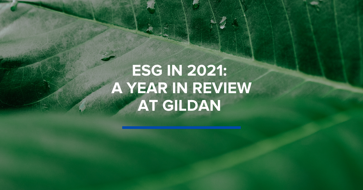 leaf with text overlay reading "ESG IN 2021: A YEAR IN REVIEW AT GILDAN"