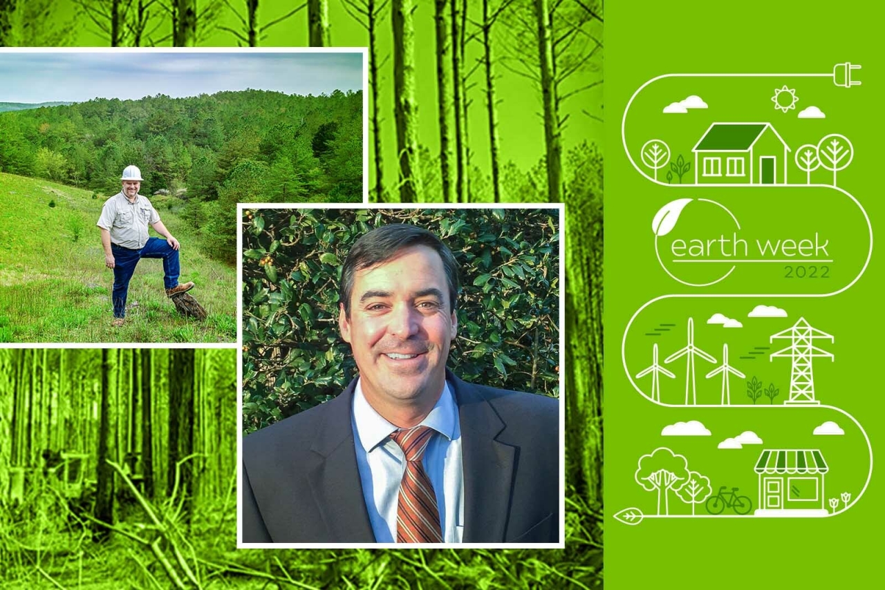 2 collage images in front of green background of headshot of Jim Bates, and man standing in front of treeline