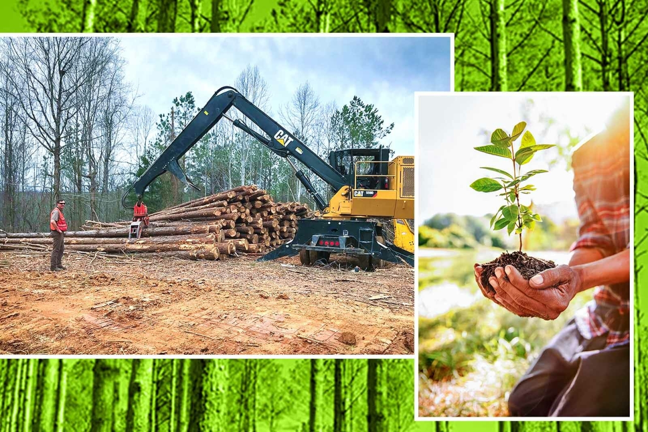 2 collage images in front of green background of hands holding a tree and a trees cut down