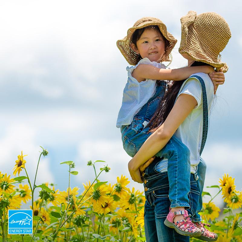 Person holding child in sunflower field