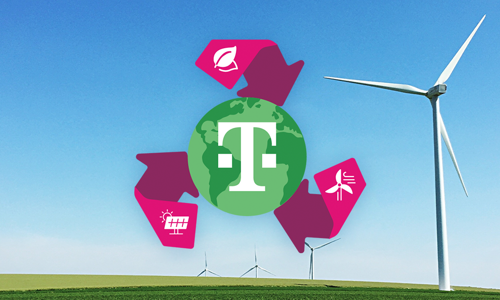 background of windmills on a sunny clear day outside. TMobile logo on a green earth with pink recycling symbols around it is central