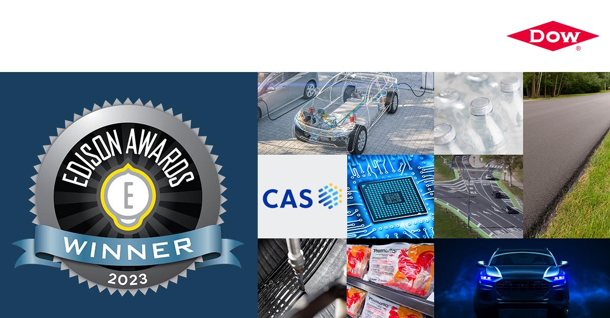Edison Awards Winner 2023 logo alongside photo collage of various subjects including cars, roads, plastic bottles, and a computer chip