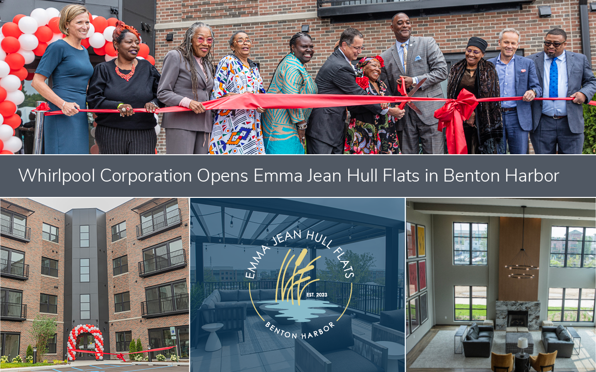 Collage of images of the new Emma Jean Hull Flats with the words, “Whirlpool Corporation opens Emma Jean Hull Flats in Benton Harbor”