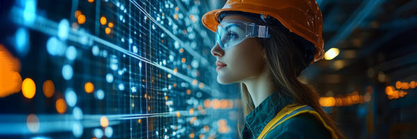 Construction worker looking at a giant digital display
