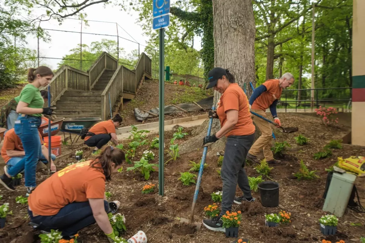 A group of volunteers planting flowers