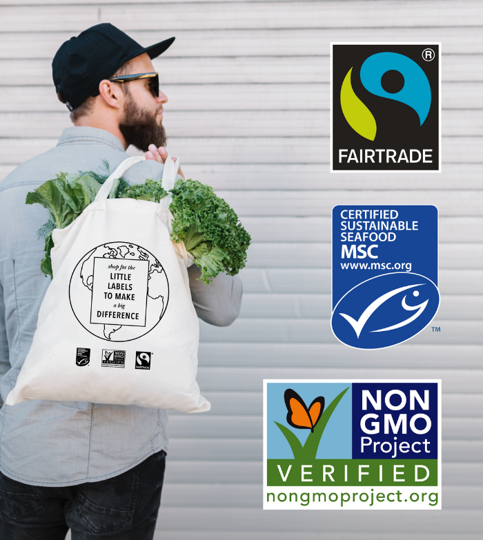 Person holding grocery bag with produce next to logos of Fairtrade America, The Non-GMO Project and the Marine Stewardship Council