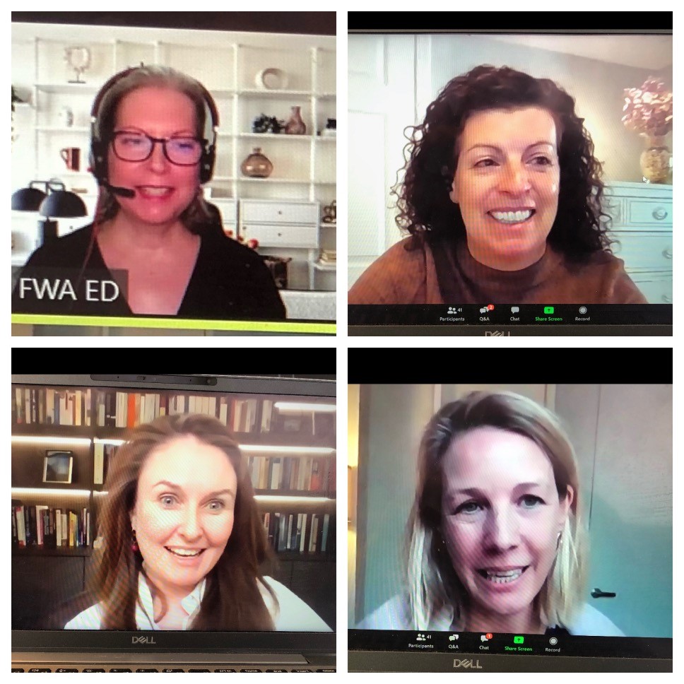 FWA's International Women's Day Panel for Mentees, clockwise: Ria Davis, FWA ED, Cynthia Holahan, Ninety One Head of Marketing NA, and Ninety One Keynotes: Katherine Tweedie, Country Head, Canada and Deirdre Cooper, PM and Decarbonization Expert