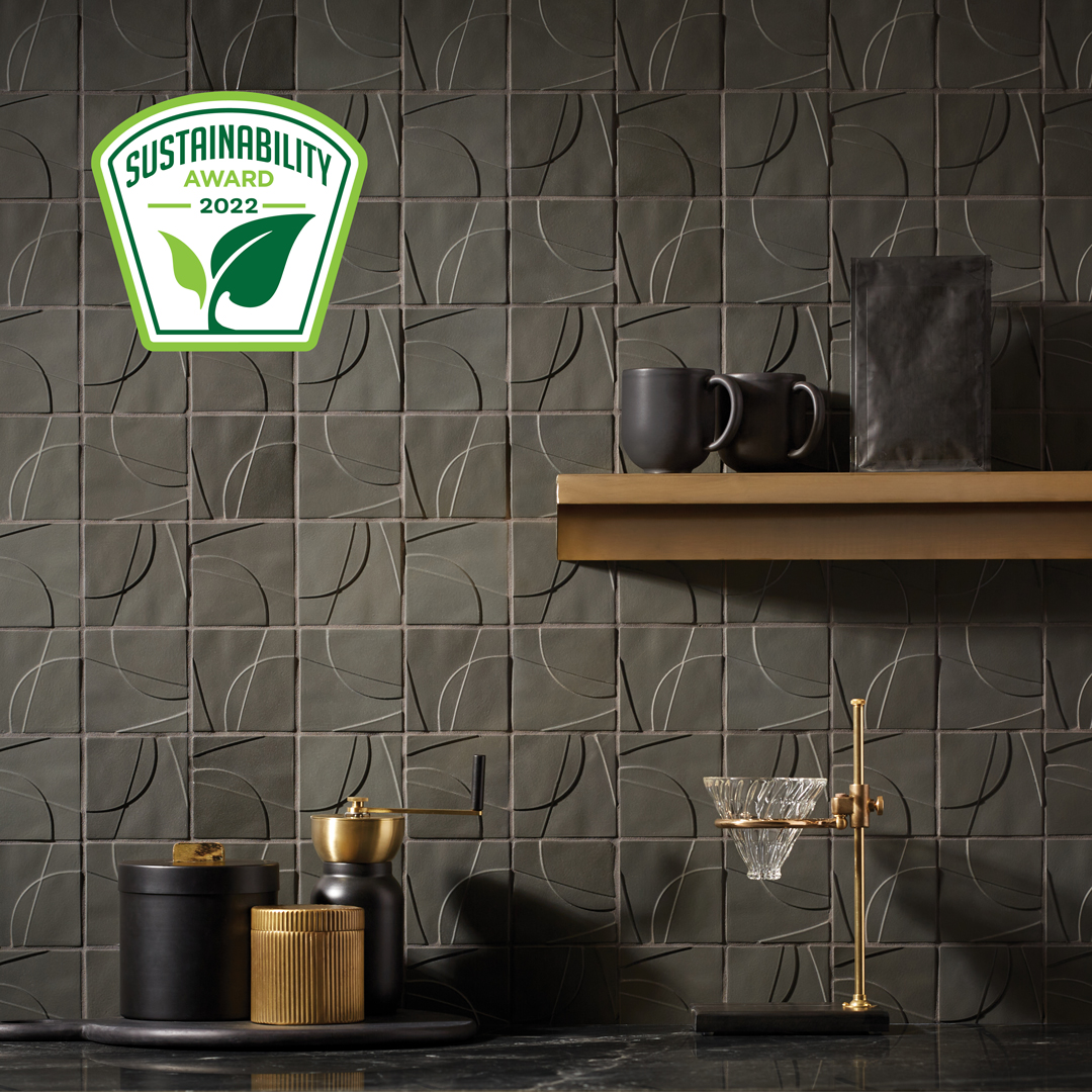 Kohler WasteLab tiles with Sustainability Award 2022 logo overlaid in top left corner