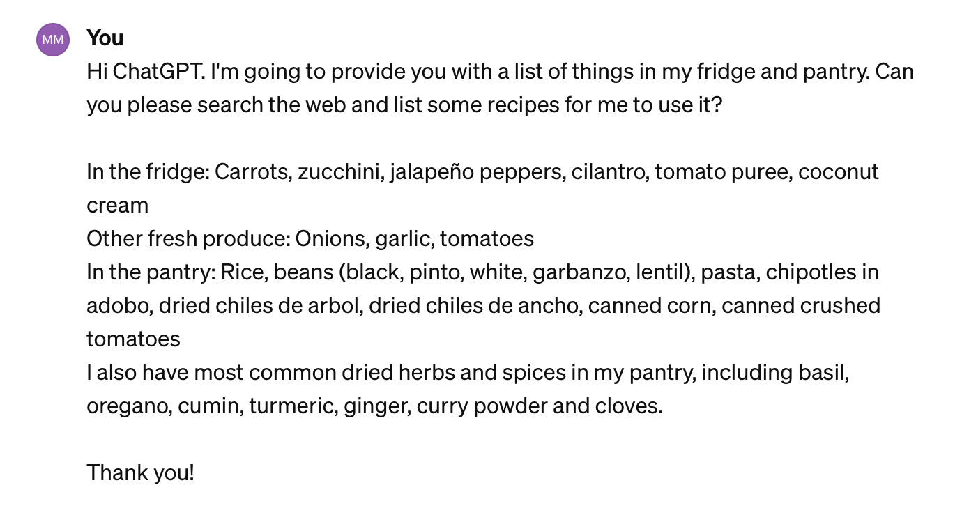 ChatGPT prompt for getting recipes to use up what's in your fridge and reduce food waste