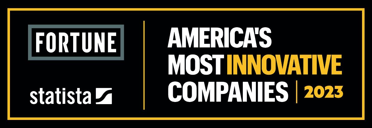 The Fortune America's Most Innovative Companies 2023 badge is shown in black, gold, and white.