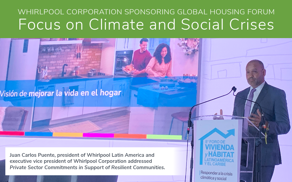 A person at a podium. "Whirlpool corporation sponsoring global housing forum Focus on Climate and Social Crises." 