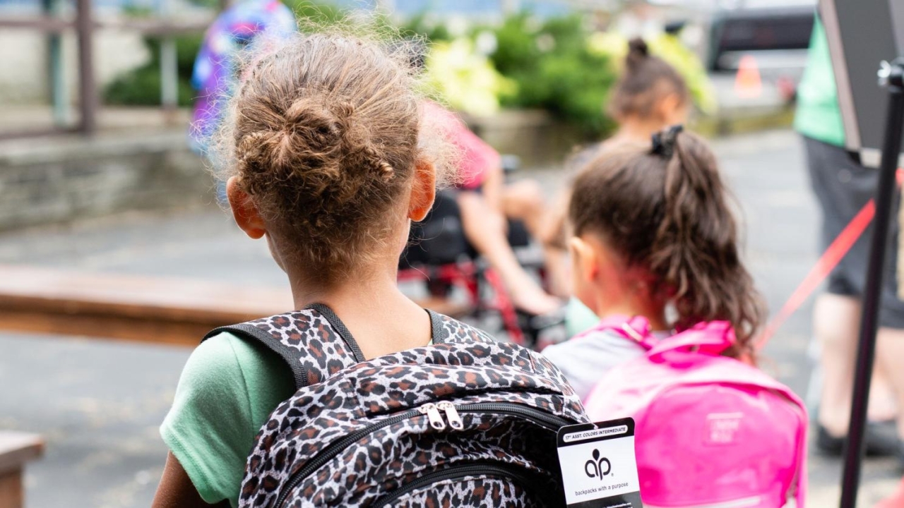 kids wearing new backpacks