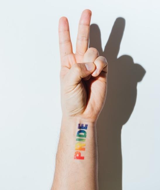 Arm shown with PRIDE written on the wrist in rainbow colors and the fingers in a V for victory sign.