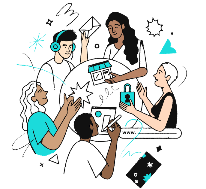 Illustration of five people in a circle using various forms of technology.