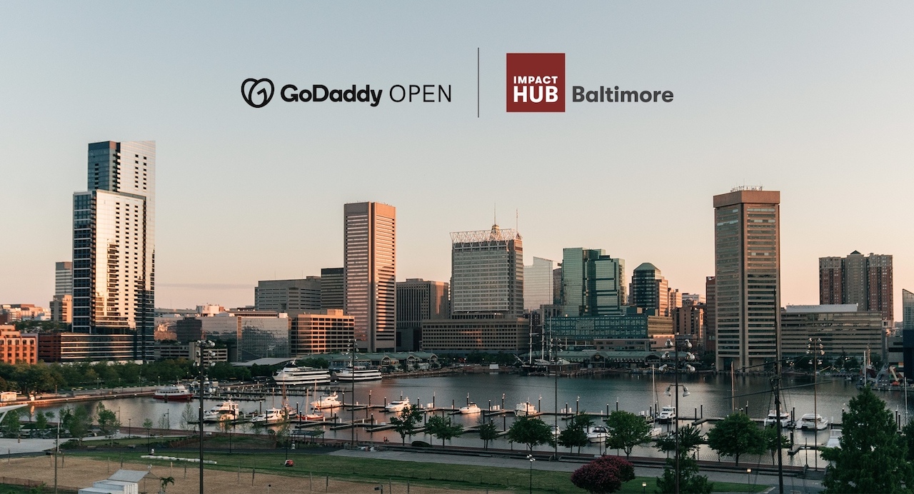 GoDaddy Open: Impact Hub Baltimore.  Cakrawala Baltimore ditampilkan.
