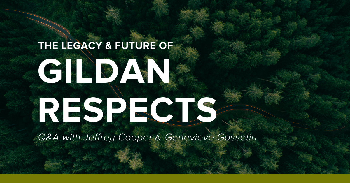 "Gildan Respects" over a wooded background 