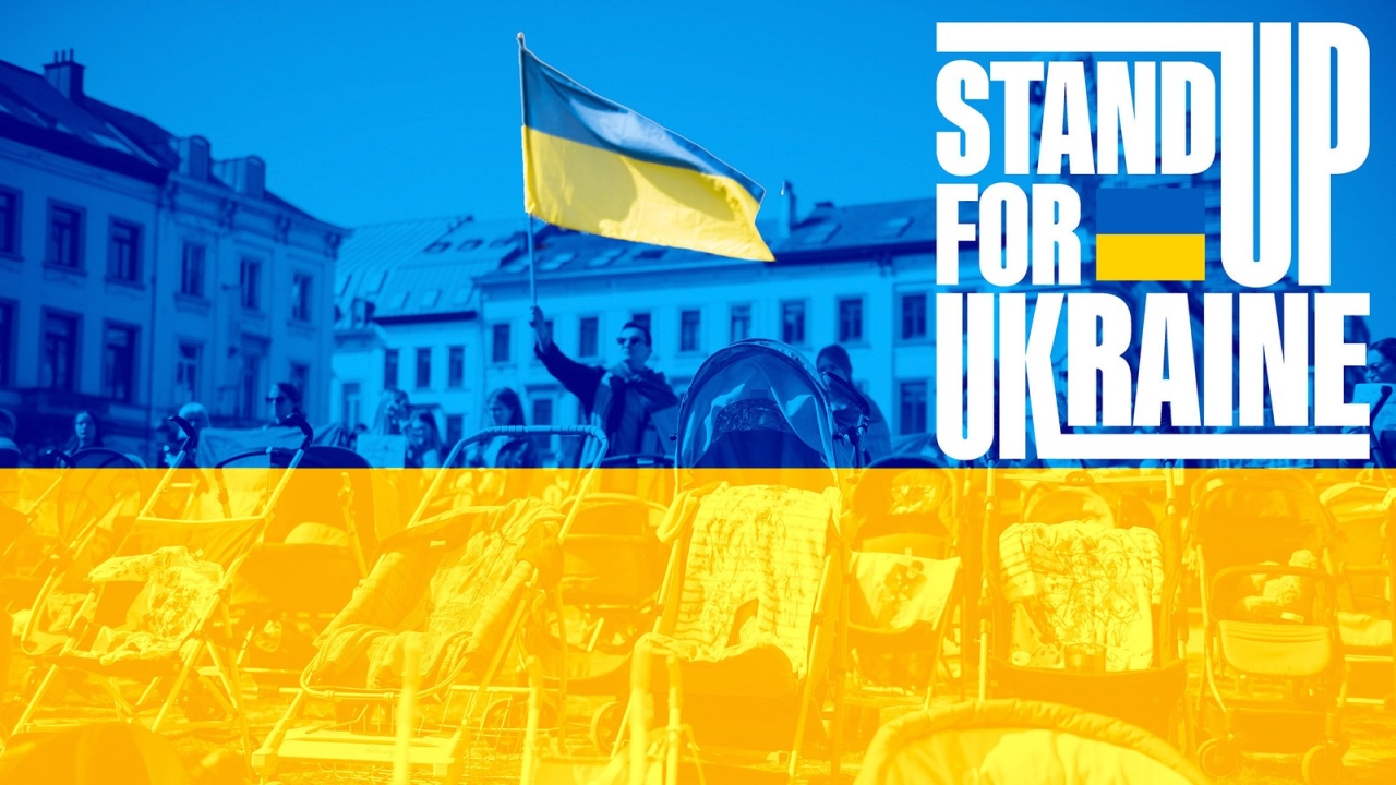 Stand Up for Ukraine with blue and orange background