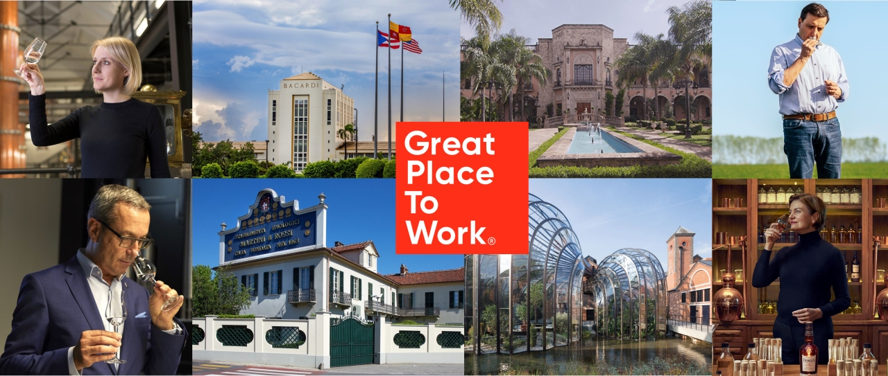 Great Place to Work collage featuring Bacardi employees and facilities