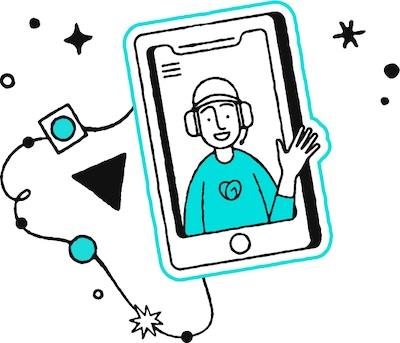Illustration of a person waving on a smartphone. 