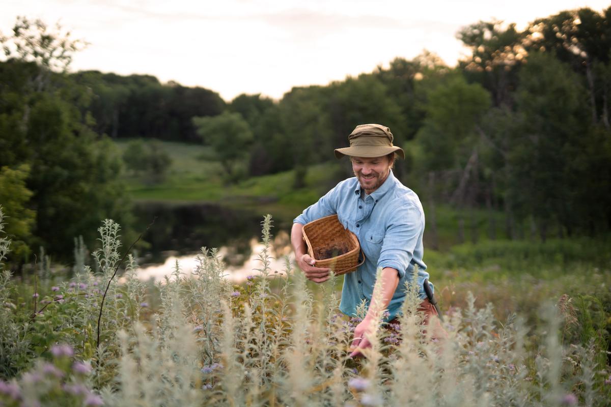 Tim Clemens foraging in a field holding a basket.