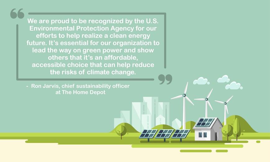 "We are proud to be recognized by the U.S. Environmental Protection Agency for our efforts to help realize a clean energy future. It's essential for our organization to lead the way on green power and show others that it's an affordable, accessible choice that can help reduce the risks of climate change."  – Ron Jarvis, chief sustainability officer at The Home Depot