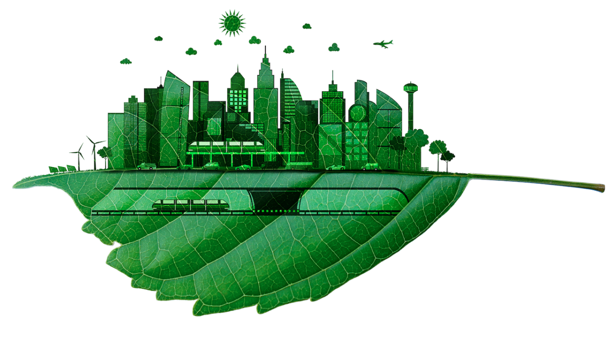 Green Washing illustration: City illustrated on a leaf.