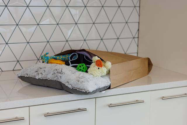 A parcel in recyclable packaging on a worktop 