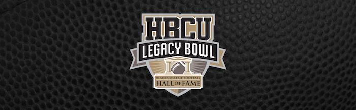HBCU Legacy Bowl logo on a black background; Black College Football Hall of Fame