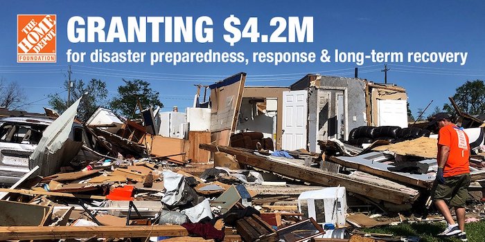 The Home Depot Foundation Granting $4.2M for disaster preparedness, response and long term recovery. Houses destroyed by a hurricane are pictured.