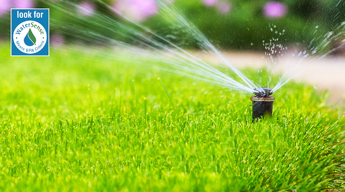 Look for WaterSense EPA; Meets EPA Criteria logo. Photo of a grassy back yard.