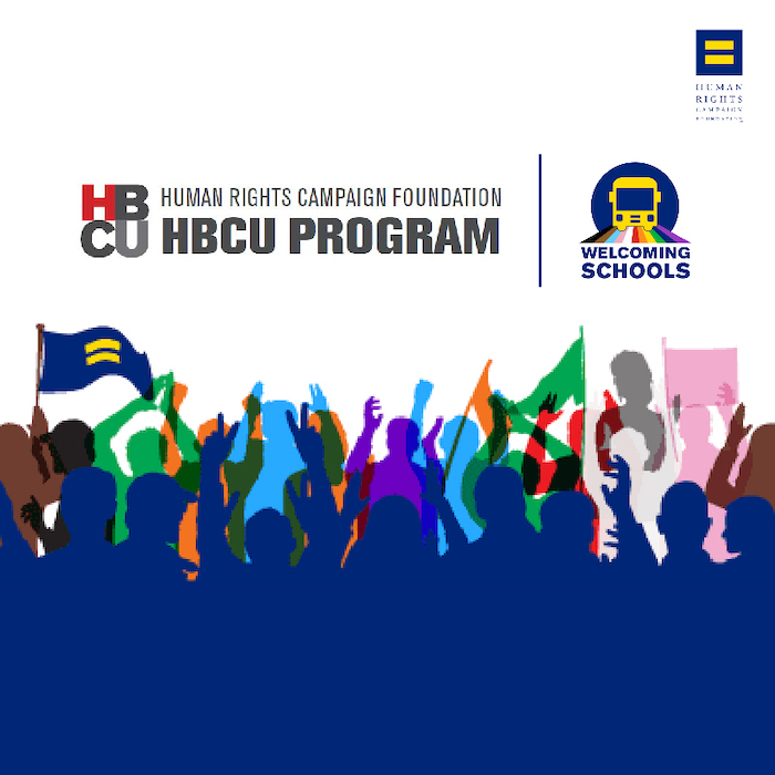 HBCU Logo; Welcoming Schools. Image of people with raised hands in celebration.